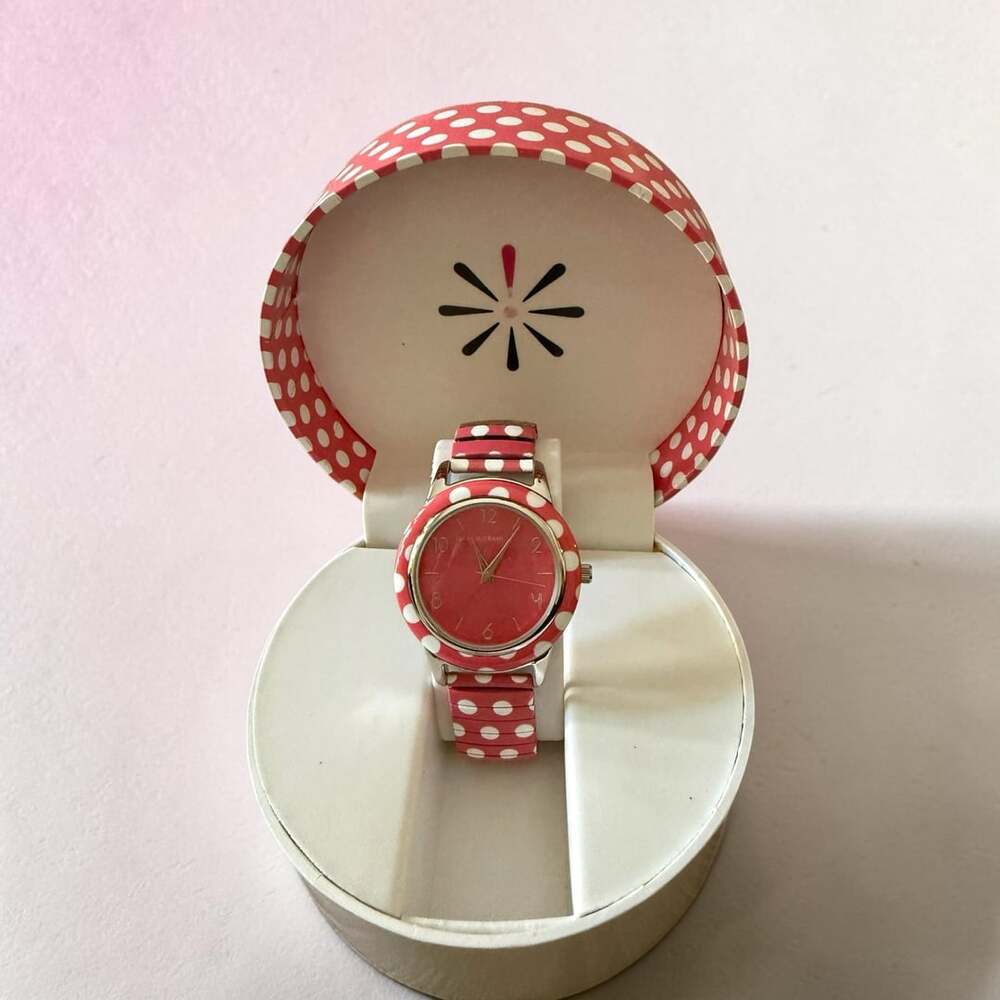 Isaac Mizrahi Live! Women's Pink and White Polka Dot Expansion Band Watch with O